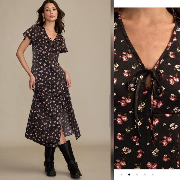 Lucky Brand Dresses & Skirts - NWT Lucky Brand Black Floral Flutter Sleeve Midi Dress Boho Front Slit Size XS
